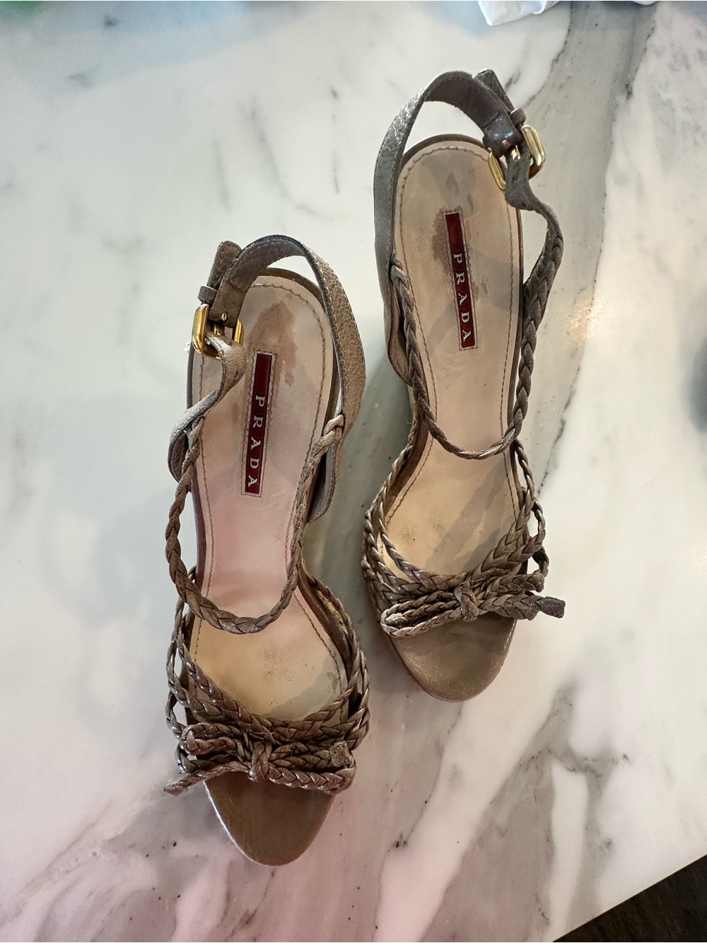 Prada Braided Taupe Leather Slingback Heels
